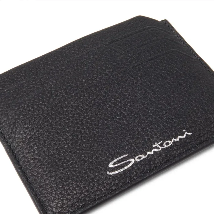 Santoni Black Tumbled Leather Credit Card Holder Men Small Leather Goods