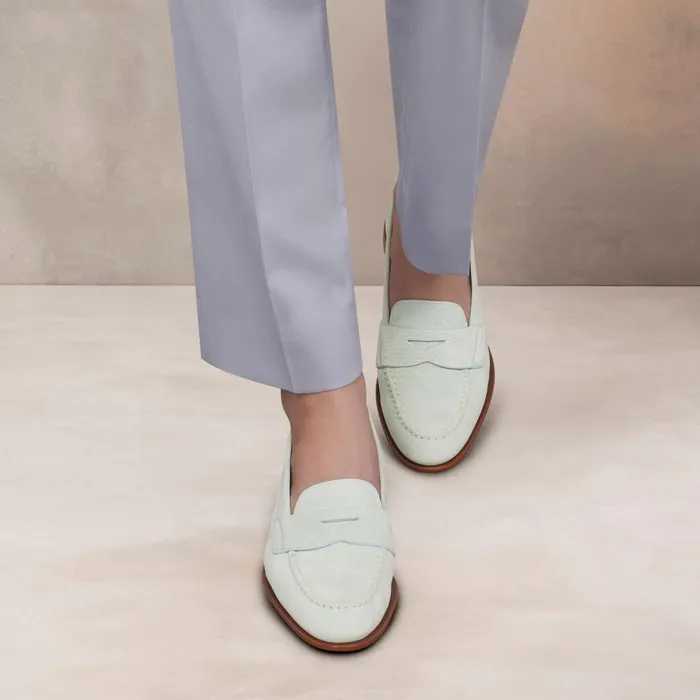 Santoni Light Blue Nubuck Penny Loafer Women Loafers