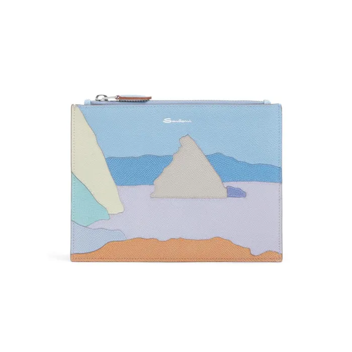 Santoni Light Blue Saffiano Leather Mini Pouch WomenMen Small Leather Goods