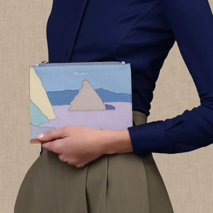 Santoni Light Blue Saffiano Leather Mini Pouch WomenMen Small Leather Goods