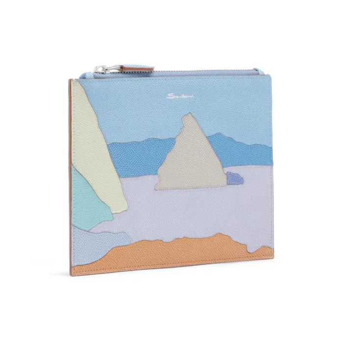 Santoni Light Blue Saffiano Leather Mini Pouch WomenMen Small Leather Goods
