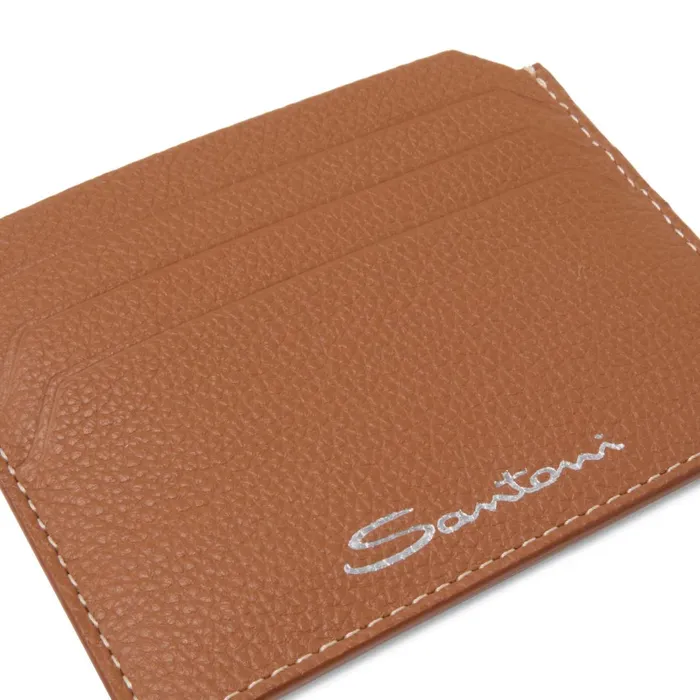 Santoni Light Brown Tumbled Leather Credit Card Holder Men Small Leather Goods