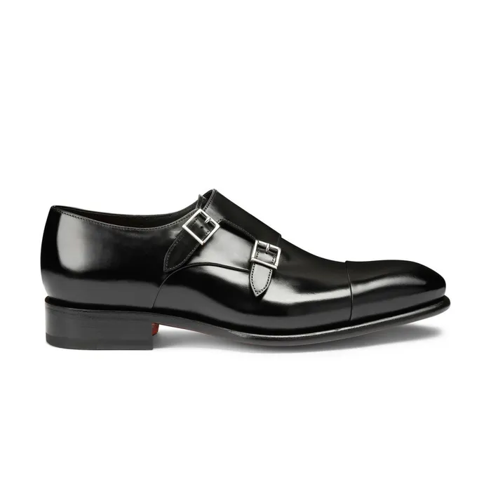 Santoni Polished Black Leather DoubleBuckle Shoe Men Double Buckle