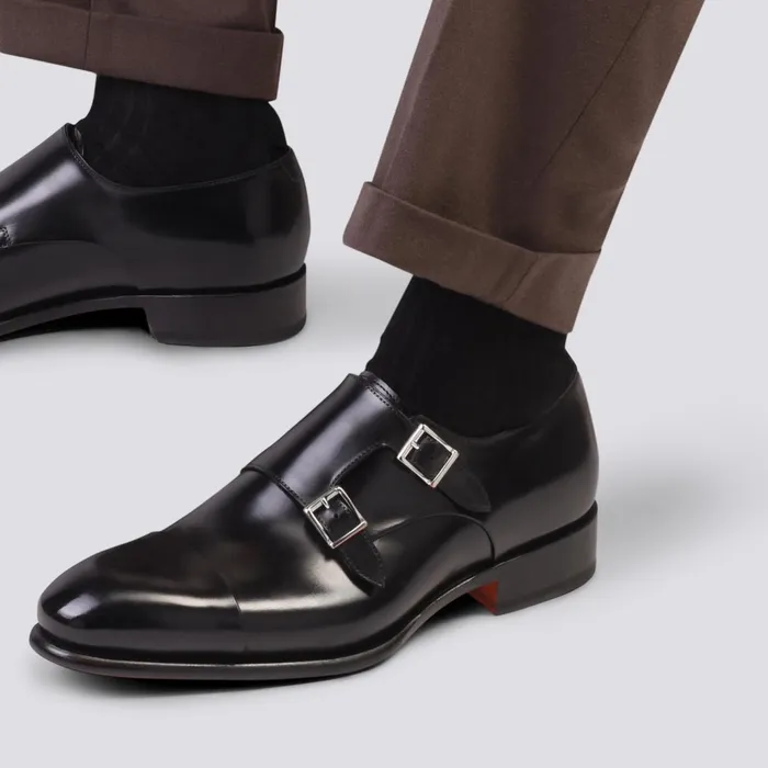 Santoni Polished Black Leather DoubleBuckle Shoe Men Double Buckle