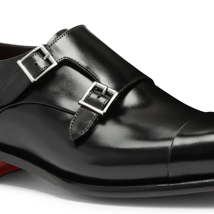 Santoni Polished Black Leather DoubleBuckle Shoe Men Double Buckle