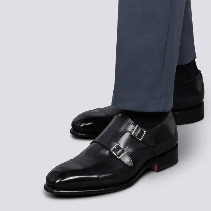 Santoni Polished Blue Leather DoubleBuckle Shoe Men Double Buckle