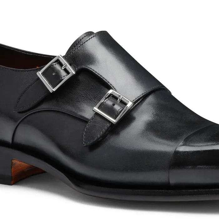 Santoni Polished Blue Leather DoubleBuckle Shoe Men Double Buckle