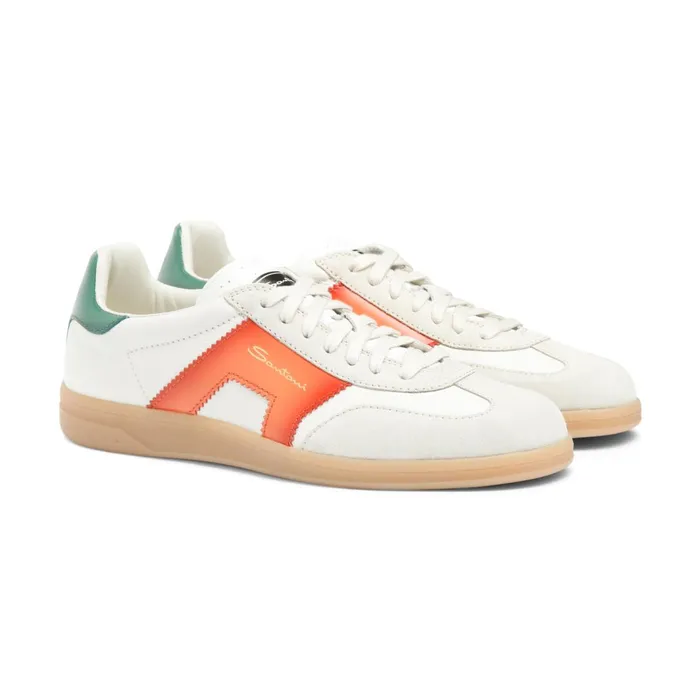 Santoni White Green And Orange Leather And Suede Dbs Oly Sneaker Men Sneakers