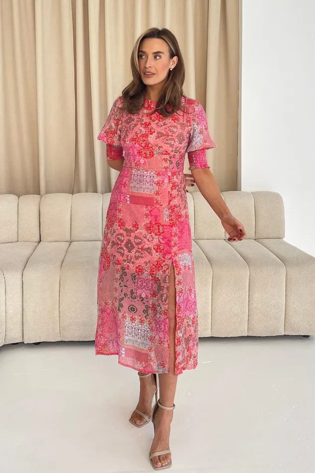Shayla Pink Paisley Print Shirred Cuff Midi Dress Women Girl In Mind Midi Dresses