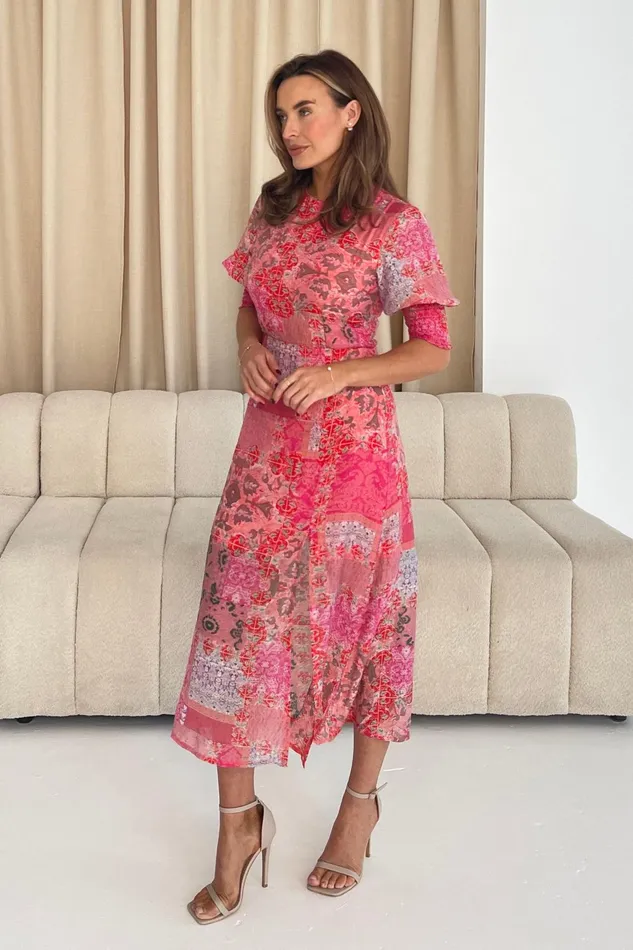 Shayla Pink Paisley Print Shirred Cuff Midi Dress Women Girl In Mind Midi Dresses