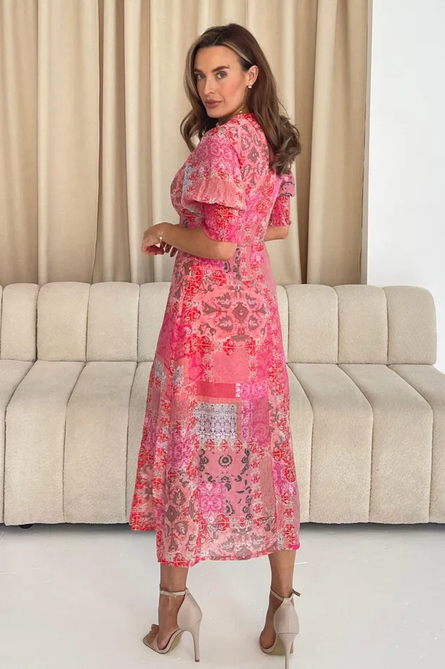 Shayla Pink Paisley Print Shirred Cuff Midi Dress Women Girl In Mind Midi Dresses