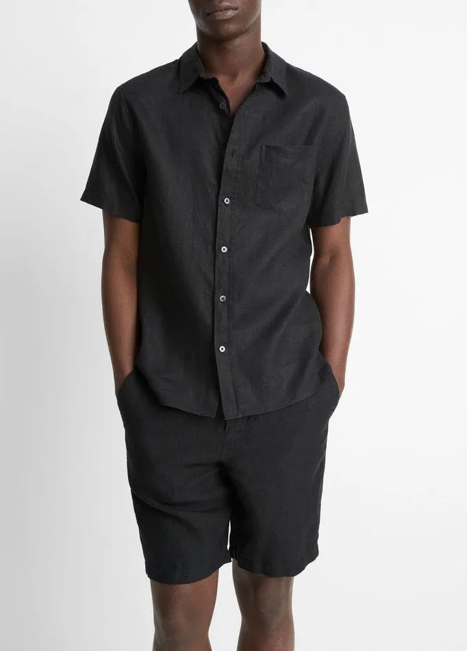 Shirts Men Vince Linen ShortSleeve Shirt Black