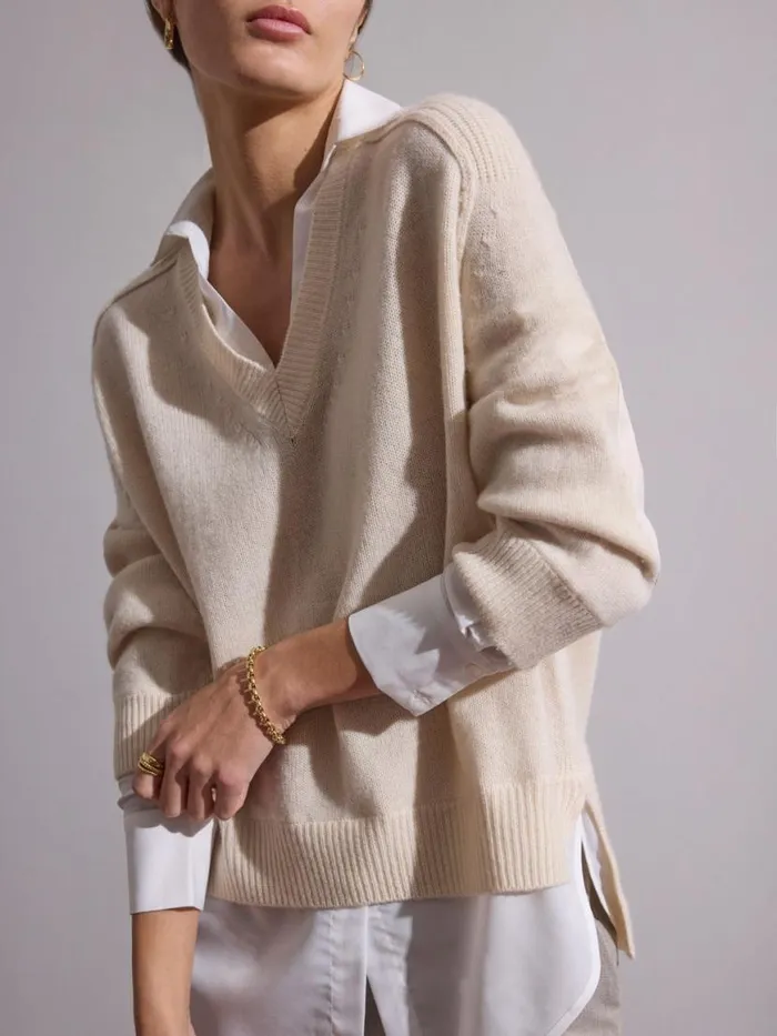 Shop Brochu Walker Sweaters The Looker Layered VNeck Almond With White Underlayer Shop Brochu Walker Sweaters The Looker Layered VNeck Almond With White Underlayer
