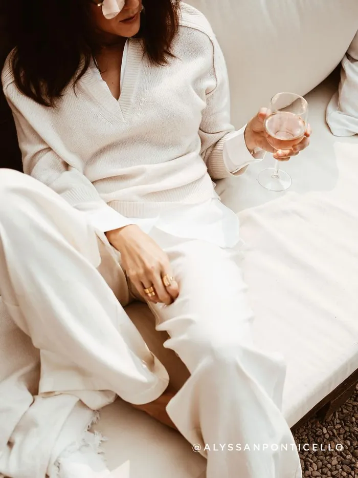 Shop Brochu Walker Sweaters The Looker Layered VNeck Almond With White Underlayer