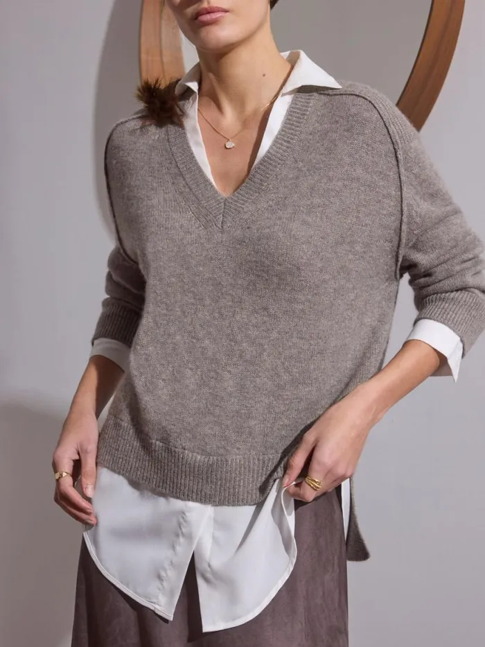 Shop Brochu Walker Sweaters The Looker Layered VNeck Otter Melange With White Underlayer