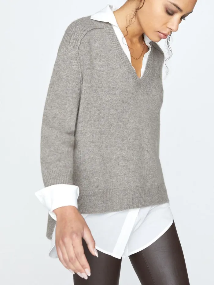 Shop Brochu Walker Sweaters The Looker Layered VNeck Otter Melange With White Underlayer