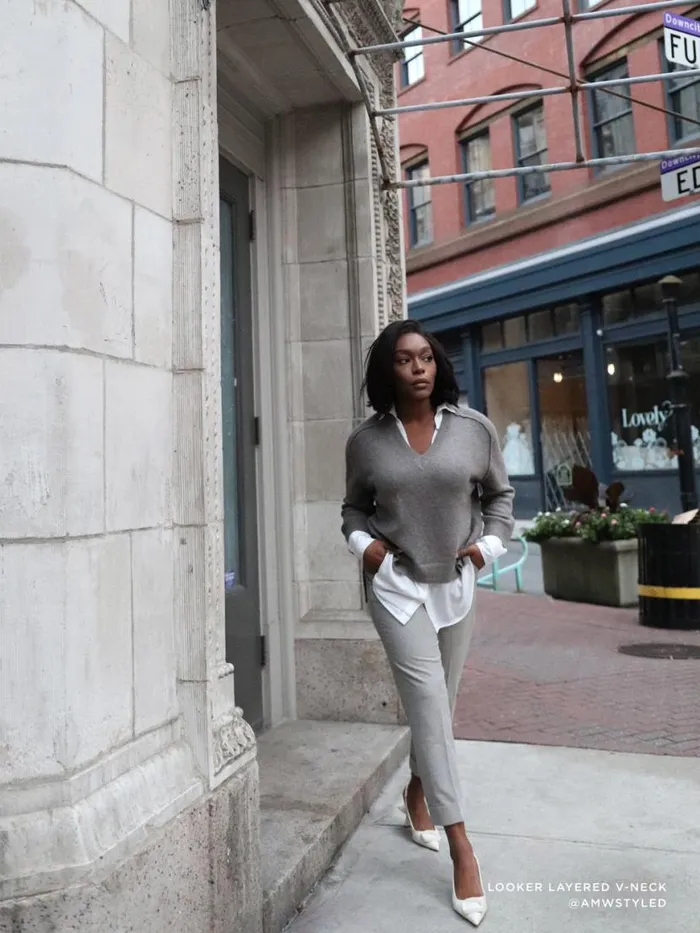 Shop Brochu Walker Sweaters The Looker Layered VNeck Otter Melange With White Underlayer