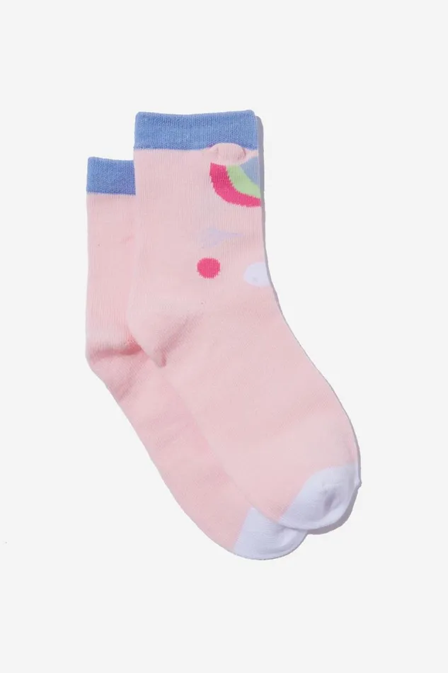 Single Pack Crew Socks Crystal Pinkhorse Face GirlsBoys Cotton On Socks and Tights