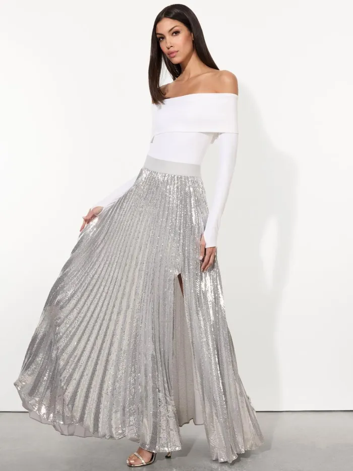 Skirts Women Alice Olivia IVEY SEQUIN SUNBURST PLEATED MAXI SKIRT WITH SLIT Silver