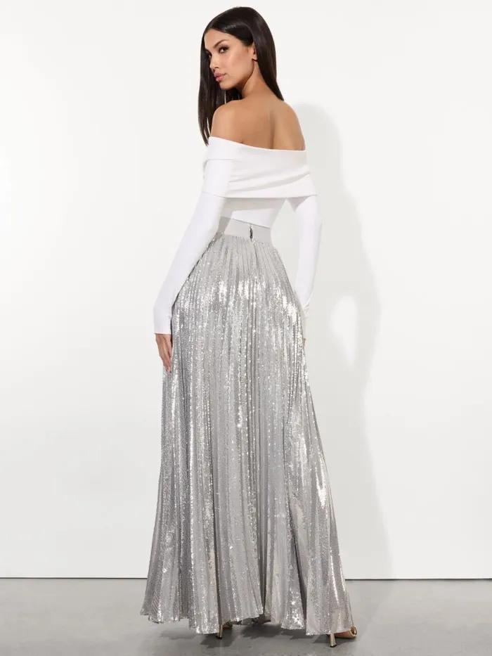 Skirts Women Alice Olivia IVEY SEQUIN SUNBURST PLEATED MAXI SKIRT WITH SLIT Silver