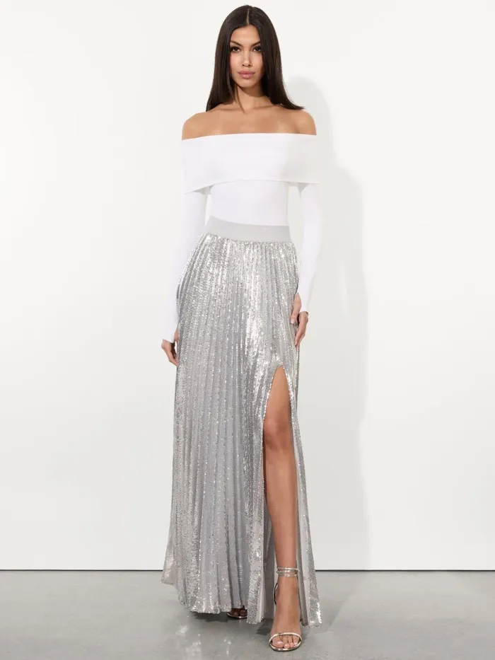 Skirts Women Alice Olivia IVEY SEQUIN SUNBURST PLEATED MAXI SKIRT WITH SLIT Silver