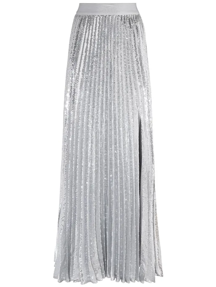 Skirts Women Alice Olivia IVEY SEQUIN SUNBURST PLEATED MAXI SKIRT WITH SLIT Silver