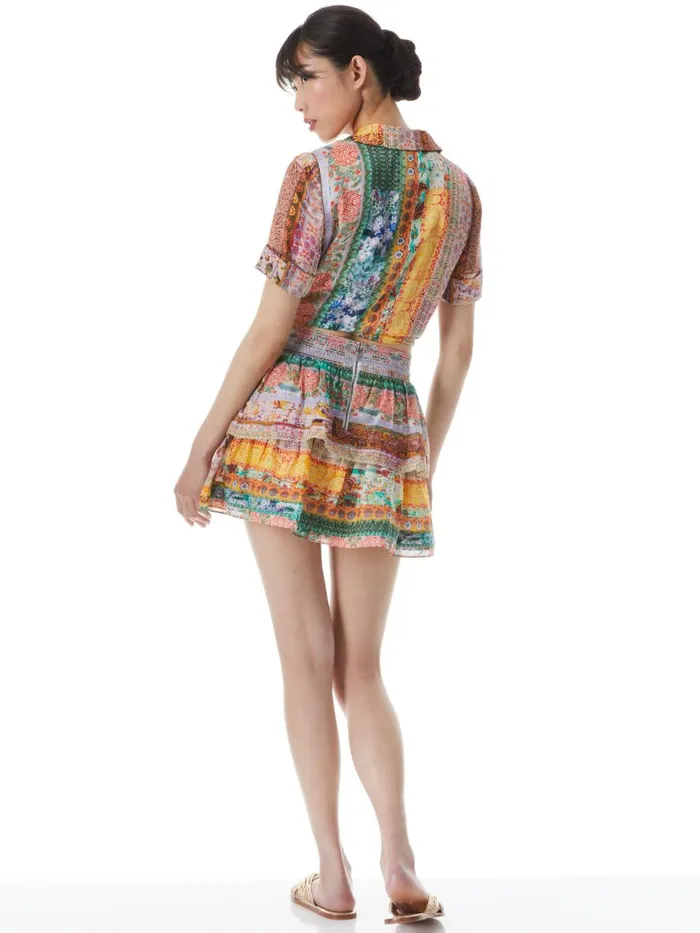 Skirts Women Alice Olivia JOJO SMOCKED WAIST BAND RUFFLE MINI SKIRT Vintage Summer Lavndr Flds