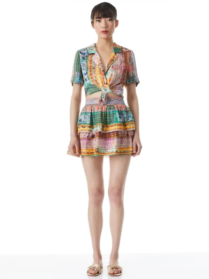Skirts Women Alice Olivia JOJO SMOCKED WAIST BAND RUFFLE MINI SKIRT Vintage Summer Lavndr Flds