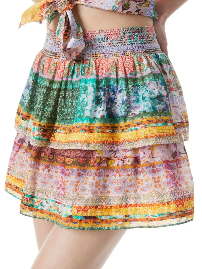 Skirts Women Alice Olivia JOJO SMOCKED WAIST BAND RUFFLE MINI SKIRT Vintage Summer Lavndr Flds