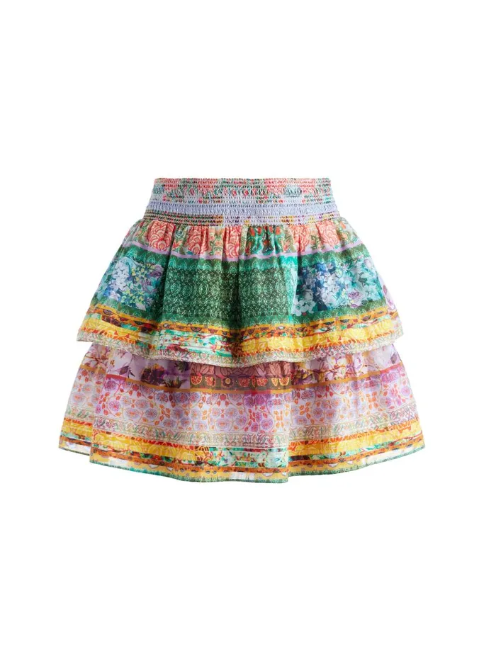 Skirts Women Alice Olivia JOJO SMOCKED WAIST BAND RUFFLE MINI SKIRT Vintage Summer Lavndr Flds