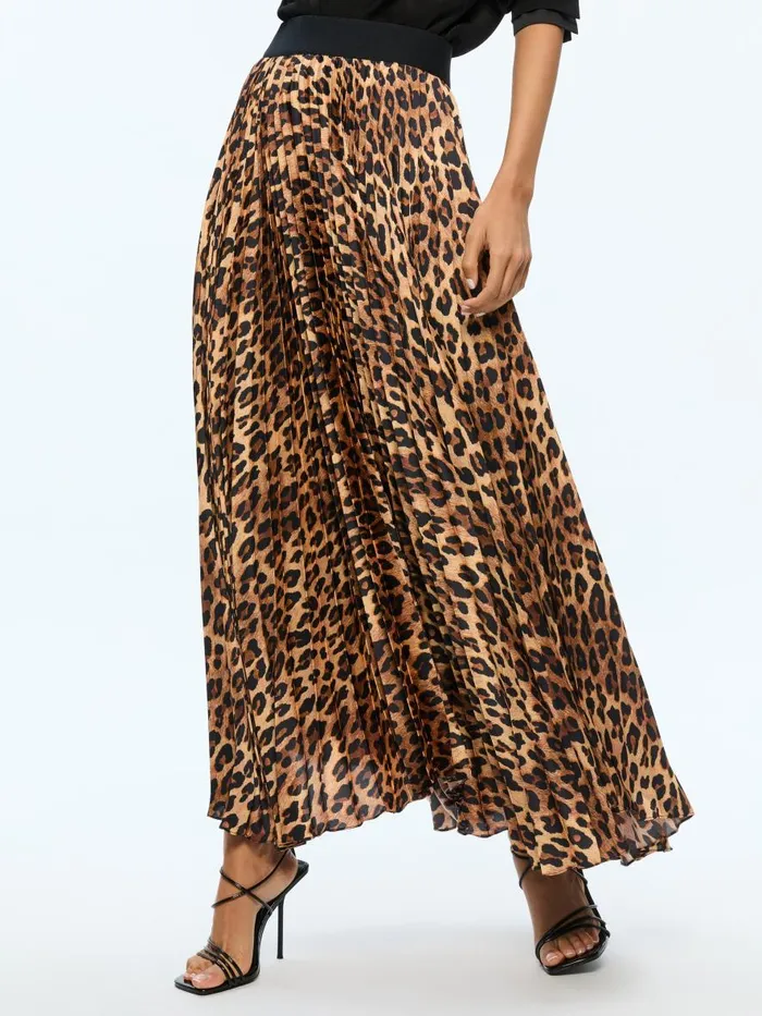 Skirts Women Alice Olivia KATZ MAXI PLEATED SKIRT Spotted Leopard Dark Tan