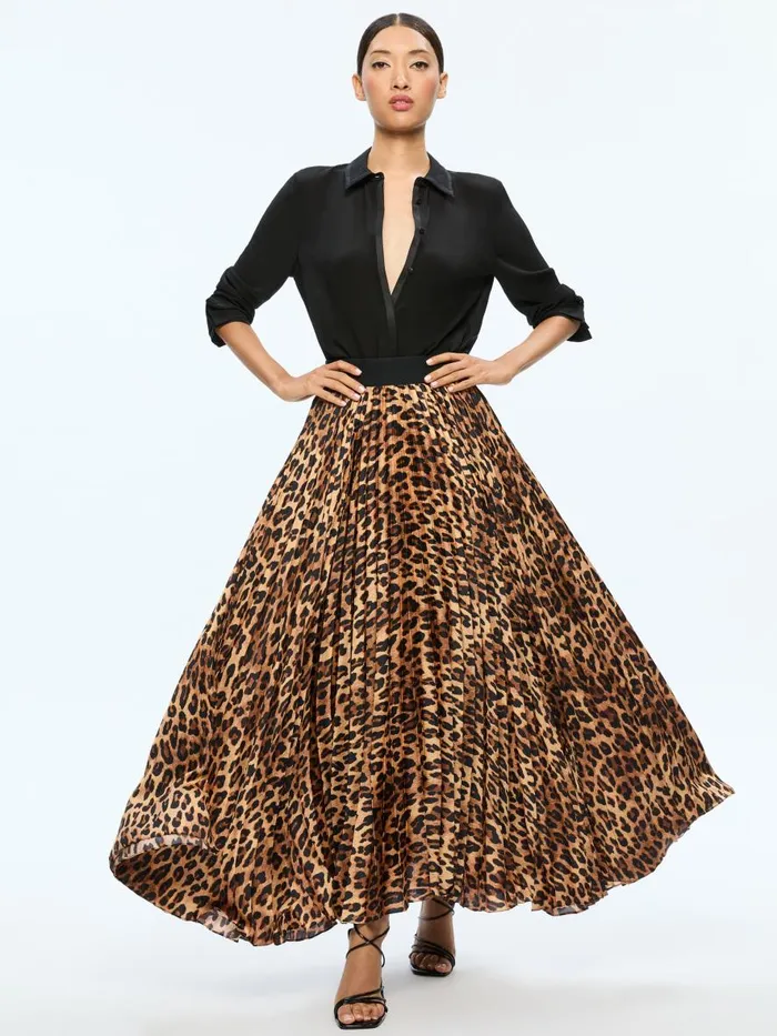 Skirts Women Alice Olivia KATZ MAXI PLEATED SKIRT Spotted Leopard Dark Tan