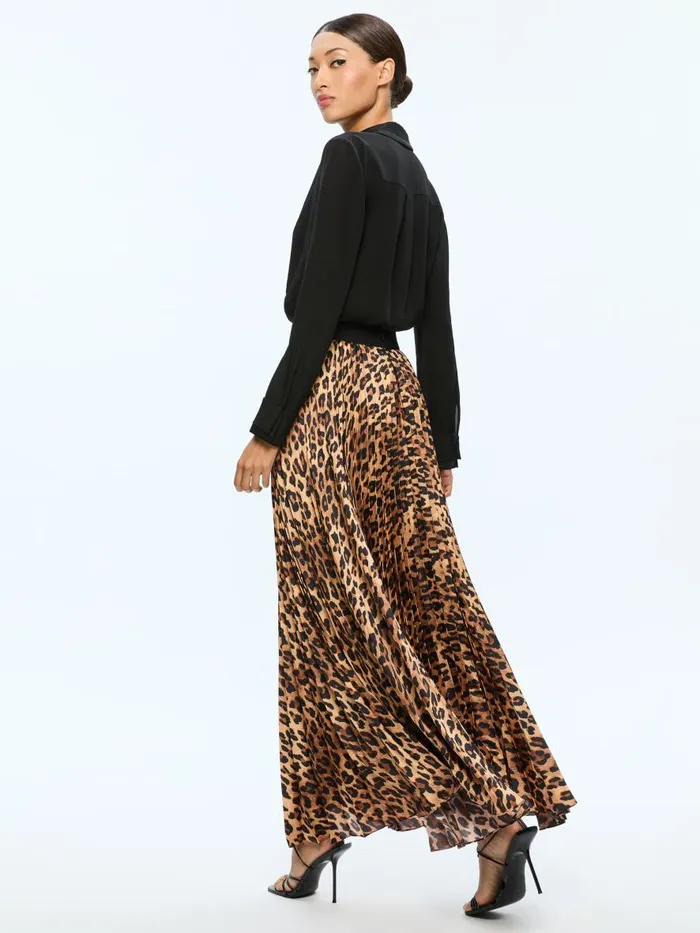 Skirts Women Alice Olivia KATZ MAXI PLEATED SKIRT Spotted Leopard Dark Tan