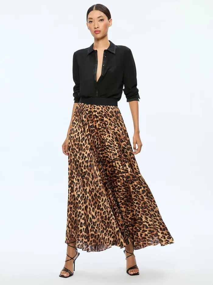 Skirts Women Alice Olivia KATZ MAXI PLEATED SKIRT Spotted Leopard Dark Tan