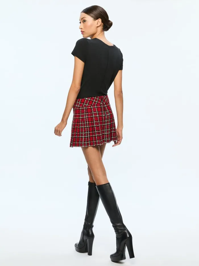 Skirts Women Alice Olivia MERA LOW RISE PLEATED SKIRT Schoolgirl Plaid Bright Ruby