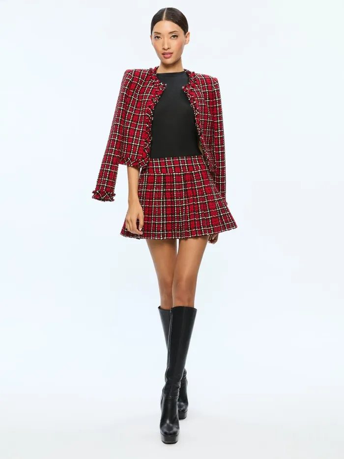 Skirts Women Alice Olivia MERA LOW RISE PLEATED SKIRT Schoolgirl Plaid Bright Ruby