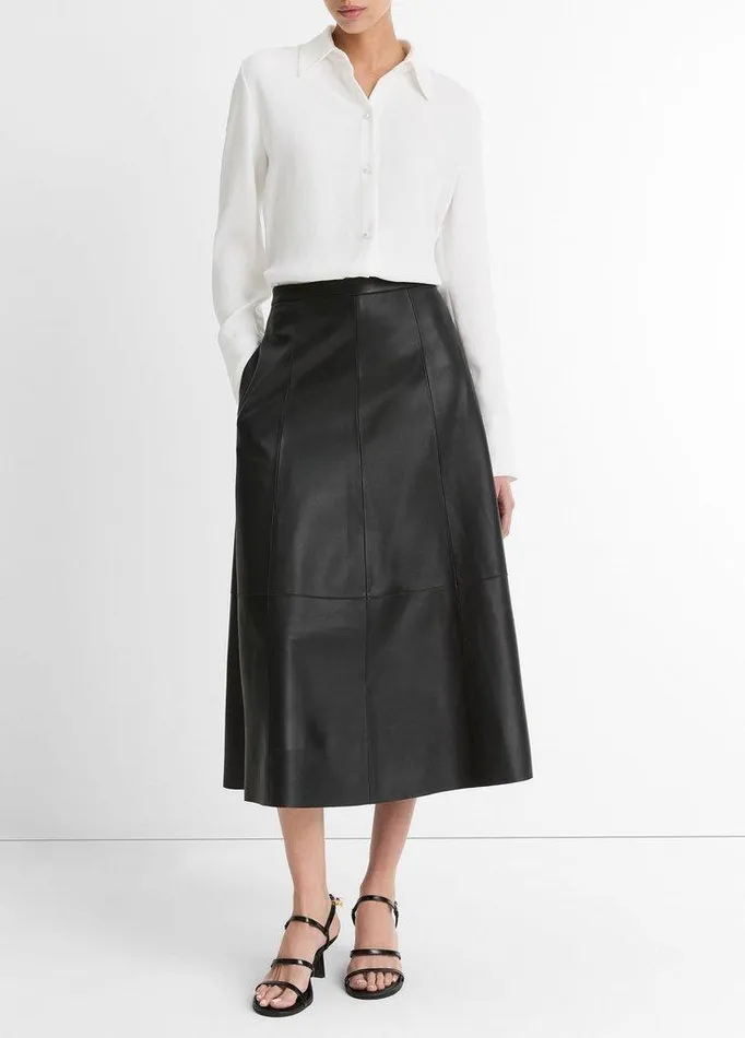 Skirts Women Vince MidRise Flared Leather Skirt Black