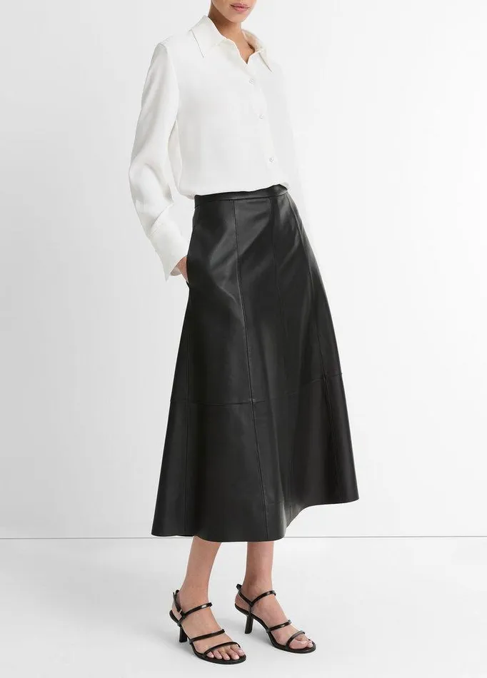 Skirts Women Vince MidRise Flared Leather Skirt Black