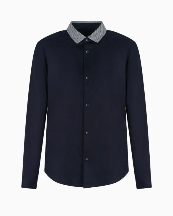 Slim Fit Stretch Cotton Shirt With Contrasting Collar Navyblue Men Armani Shirts Slim Fit Stretch Cotton Shirt With Contrasting Collar Navyblue Men Armani Shirts