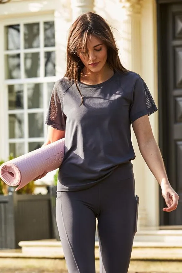 Sosandar Activewear Women Charcoal Grey Mesh Sleeve Breathe Activewear T Shirt Charcoal Grey