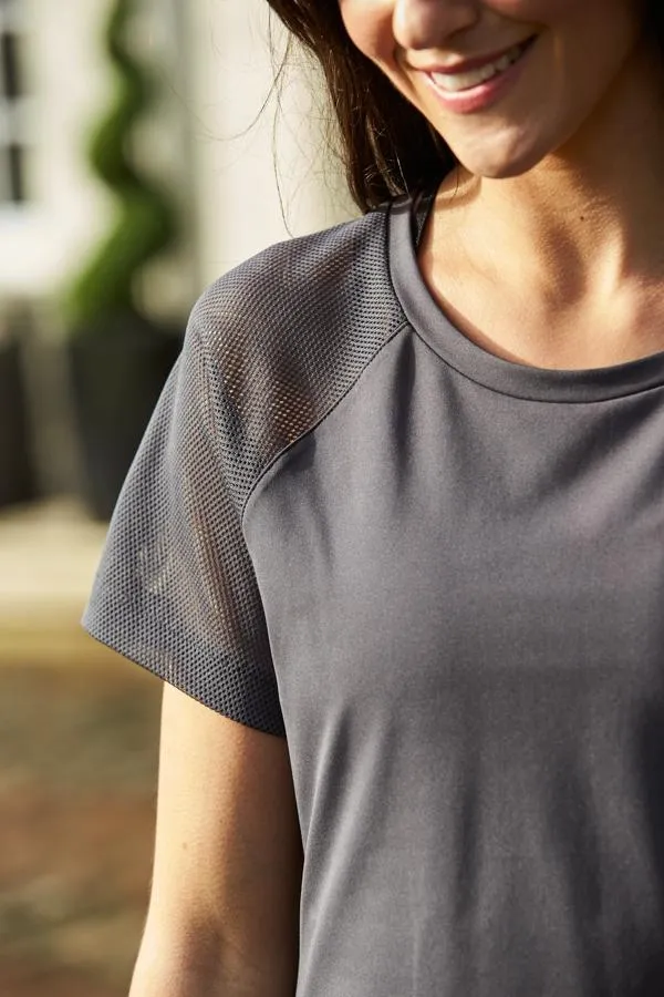 Sosandar Activewear Women Charcoal Grey Mesh Sleeve Breathe Activewear T Shirt Charcoal Grey