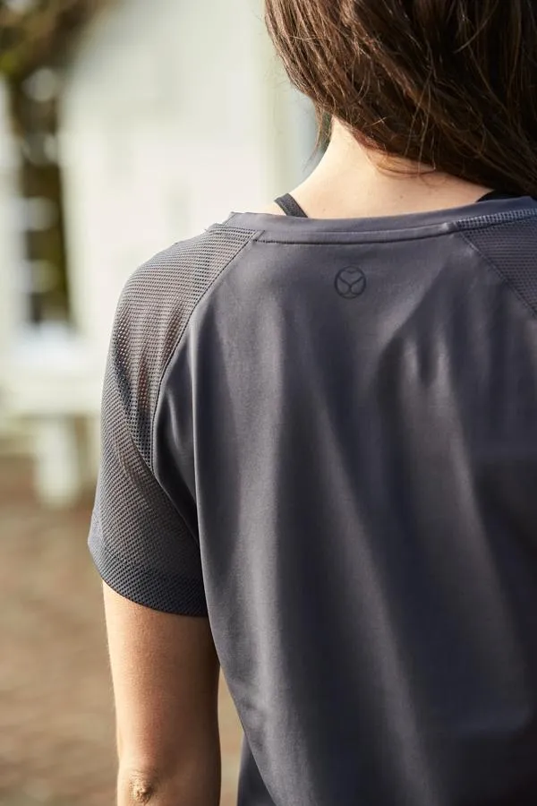 Sosandar Activewear Women Charcoal Grey Mesh Sleeve Breathe Activewear T Shirt Charcoal Grey