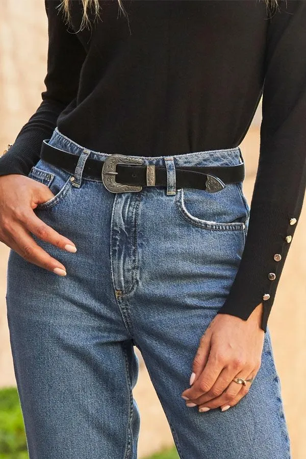 Sosandar Bags and Belts Women Black Suede Western Buckle Waist Belt Black