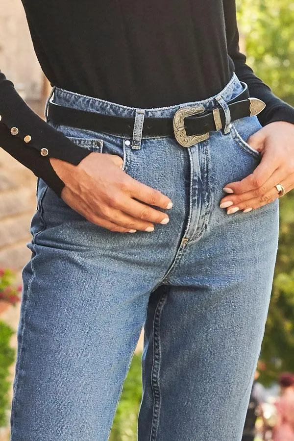 Sosandar Bags and Belts Women Black Suede Western Buckle Waist Belt Black