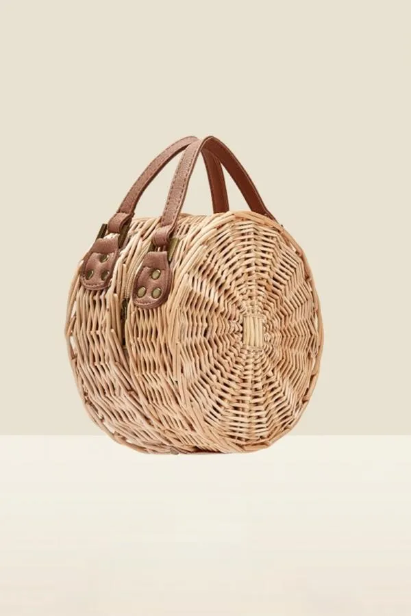 Sosandar Bags and Belts Women Natural and Tan Faux Leather Round Wicker Bag