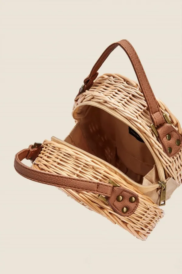 Sosandar Bags and Belts Women Natural and Tan Faux Leather Round Wicker Bag