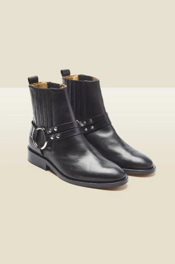 Sosandar Boots Women Ash Black Leather Buckle Harness Ankle Boot Black