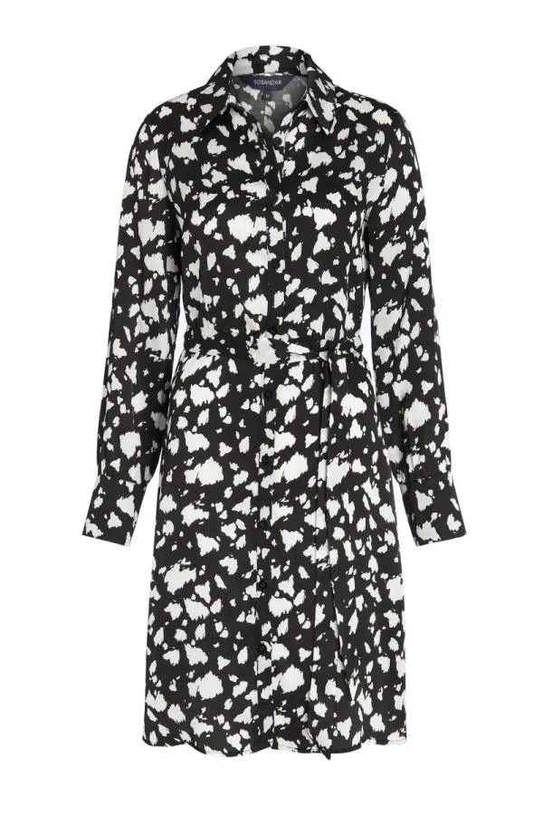 Sosandar Dresses Women Black and White Chic Print Belted Shirt Dress Black White