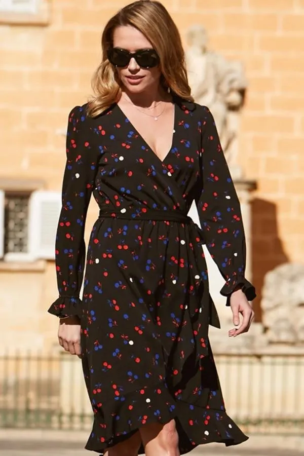 Sosandar Dresses Women Black Cherry Print Wrap Dress Black
