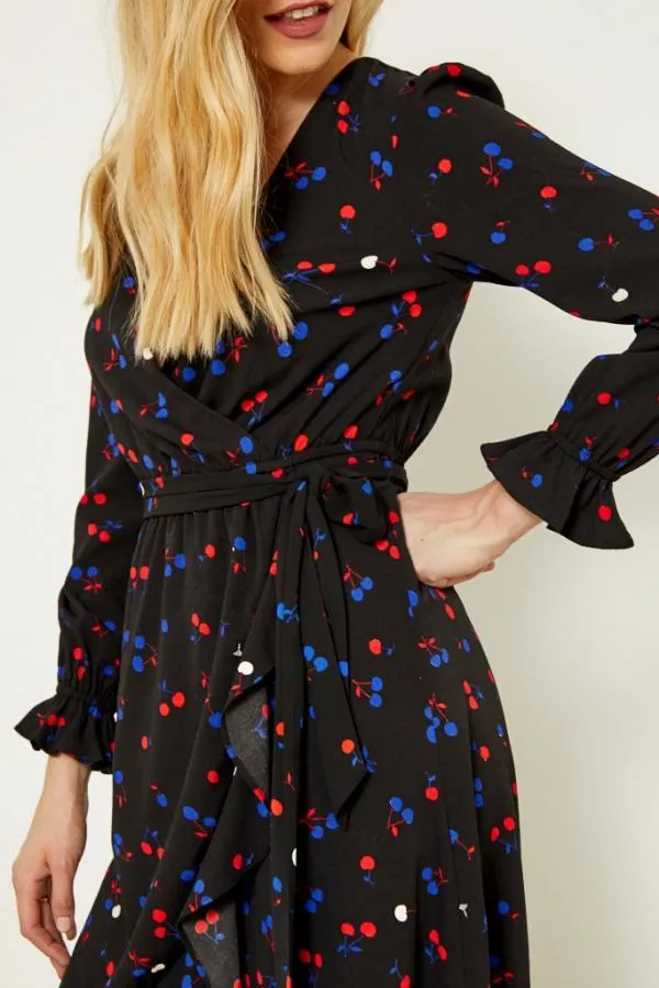 Sosandar Dresses Women Black Cherry Print Wrap Dress Black